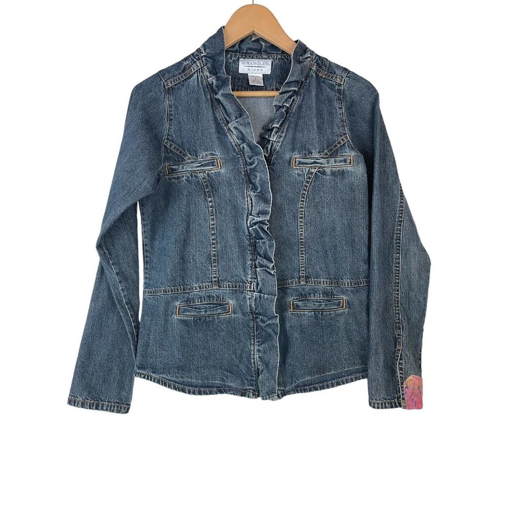 Wrangler Blues Jean Jacket Size Small Ruffles Fitted Denim Split Cuffs Pockets